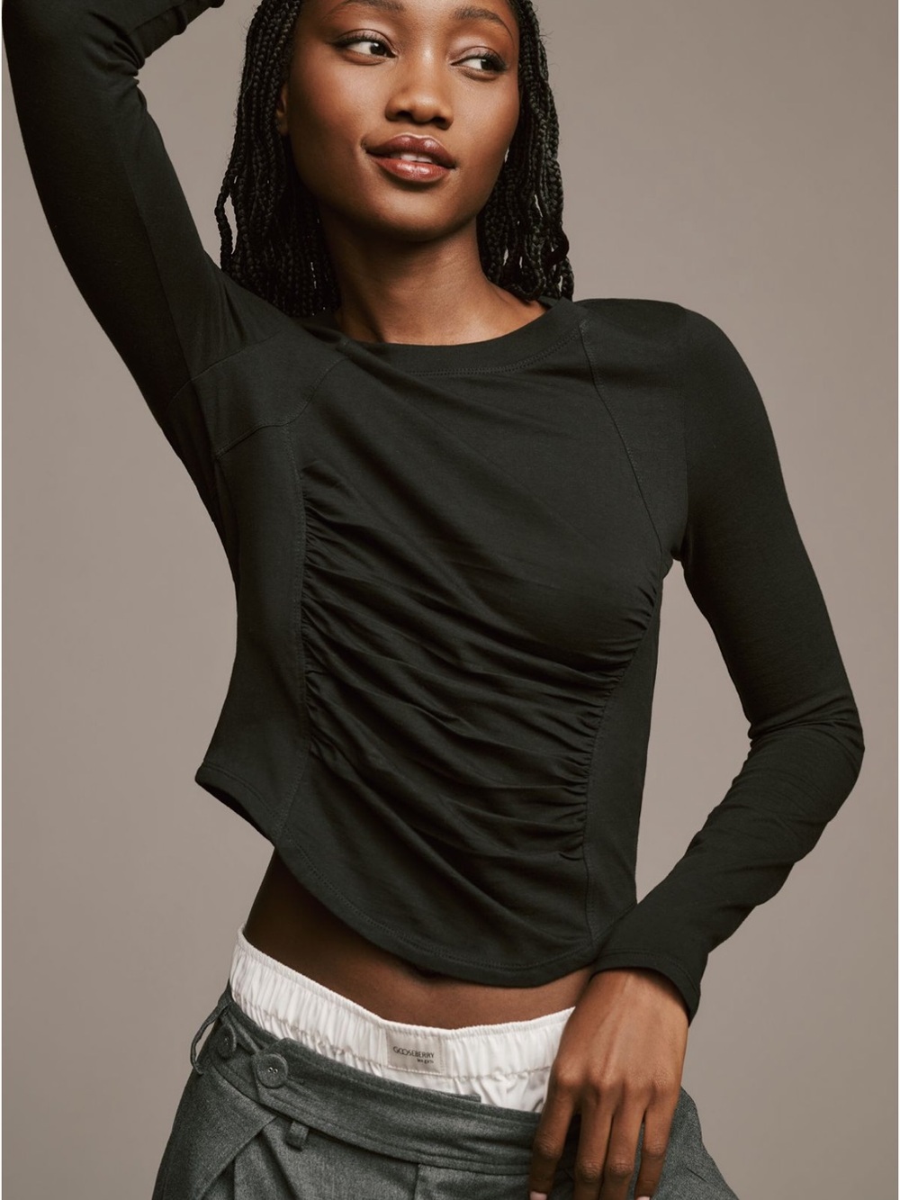 Daily Practice Black Ruched Long Sleeve Stretch Cotton Top Size Large
